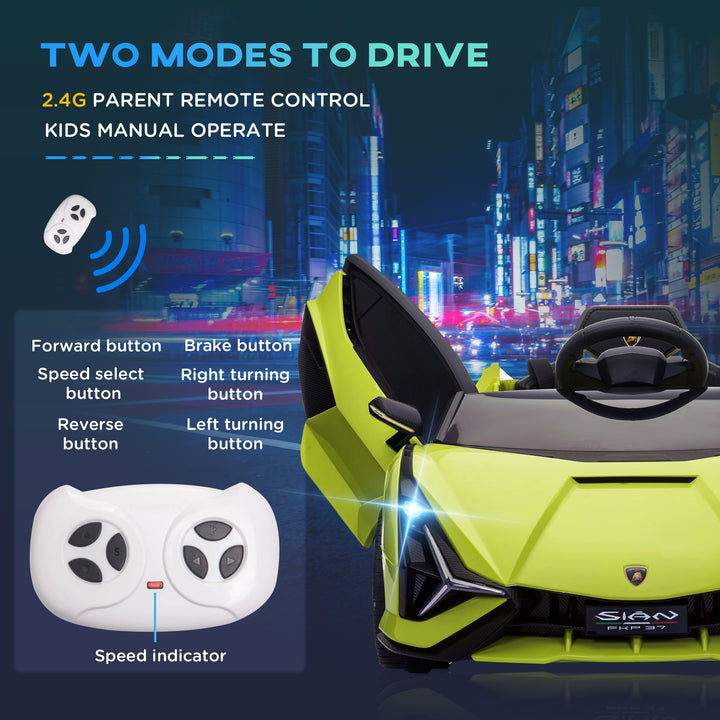 MCL Lamborghini Sian Licensed 12V Electric Car for Kids 2 Motors Toy Car with Remote Control Music Lights MP3 for 3-5 Years Green