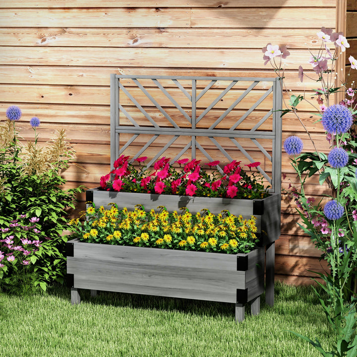 Raised Garden Bed with Trellis, 2-Tier Wooden Elevated Planter Box for Vegetables, Flowers, Herbs