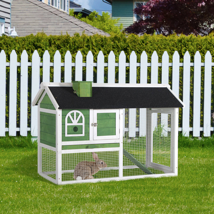 PawHut Rabbit Hutch Wood Bunny Rabbit Cage for Outdoor Indoor with Pull Out Tray Run Box Ramp Asphalt Roof for Small Animals Green