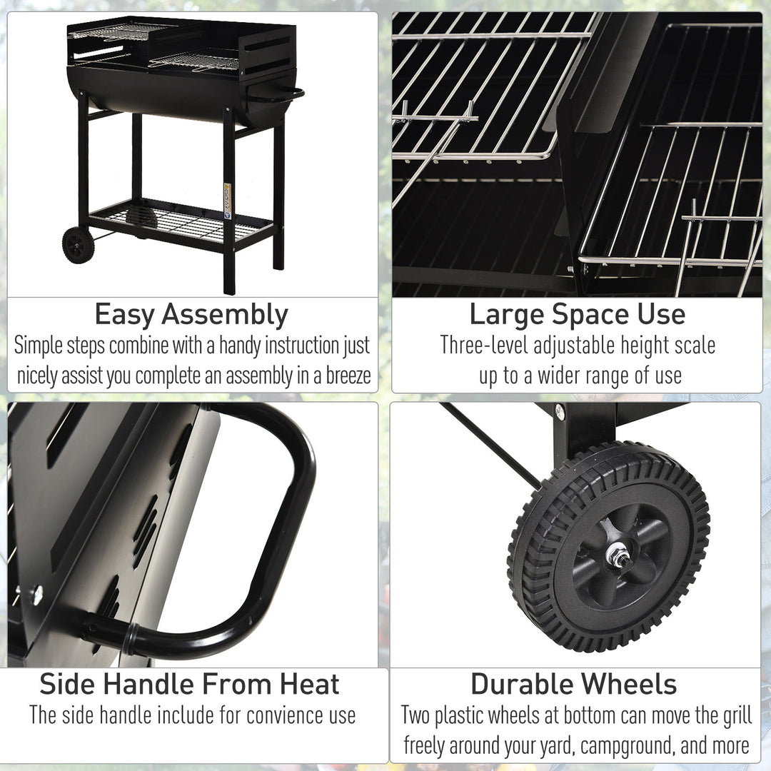 Outsunny Charcoal Barbecue Grill Garden BBQ Trolley w/ Dual Grill, Adjustable Grill Nets, Heat-resistant Steel, Wheels, Black | Aosom UK