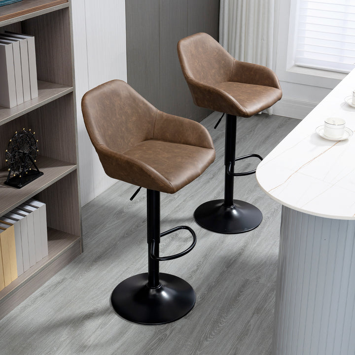 Bar Stools Set of 2, Height Adjustable Swivel Barstools, PU Leather Kitchen Stools with Backs, Armrests and Footrest for Home, Counter and Dining Room, Dark Brown