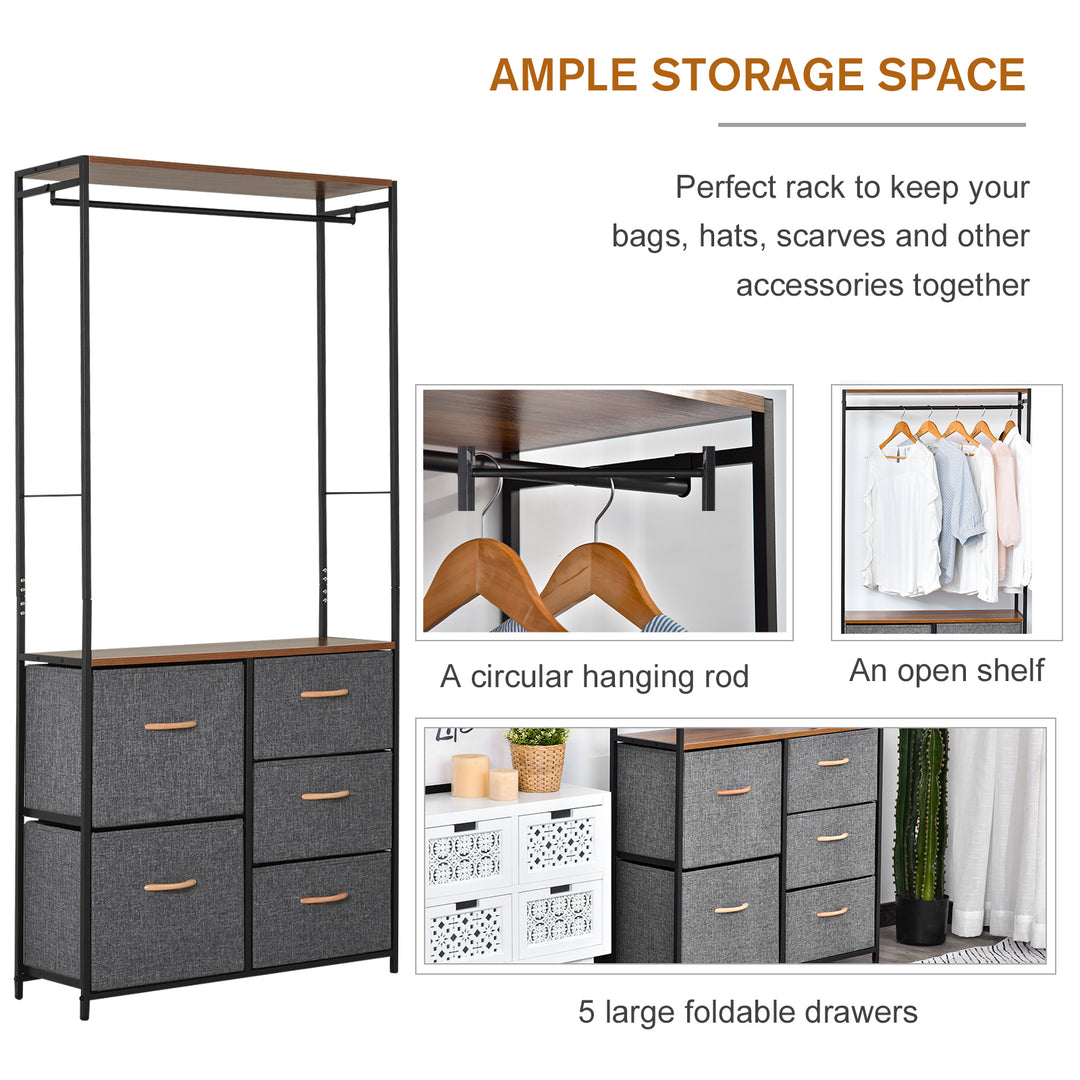 HOMCOM Wardrobe Dresser: Steel-Framed Storage with 5 Drawers, Coat Rack for Bedroom & Hallway, Black/Brown | Aosom UK