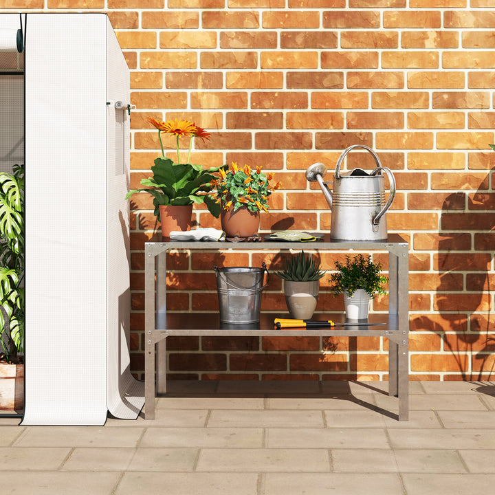 2 Tier Potting Bench Table, Galvanised Steel Garden Planting Work Bench Workstation with Storage Shelf for Outdoor, Patio, Greenhouse, 110 x 50 x 75 cm, Silver Tone