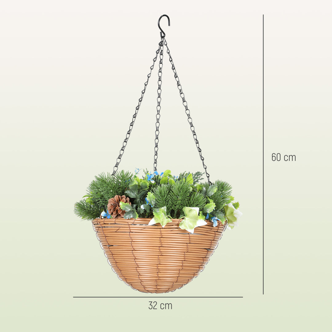 Artificial Flowers in Basket Set of 2, Artificial Hanging Baskets with PE Leaves, 18 Flowers and 3 Pinecones in Pot, Decorative Faux Plant for Home Office Decor, Green