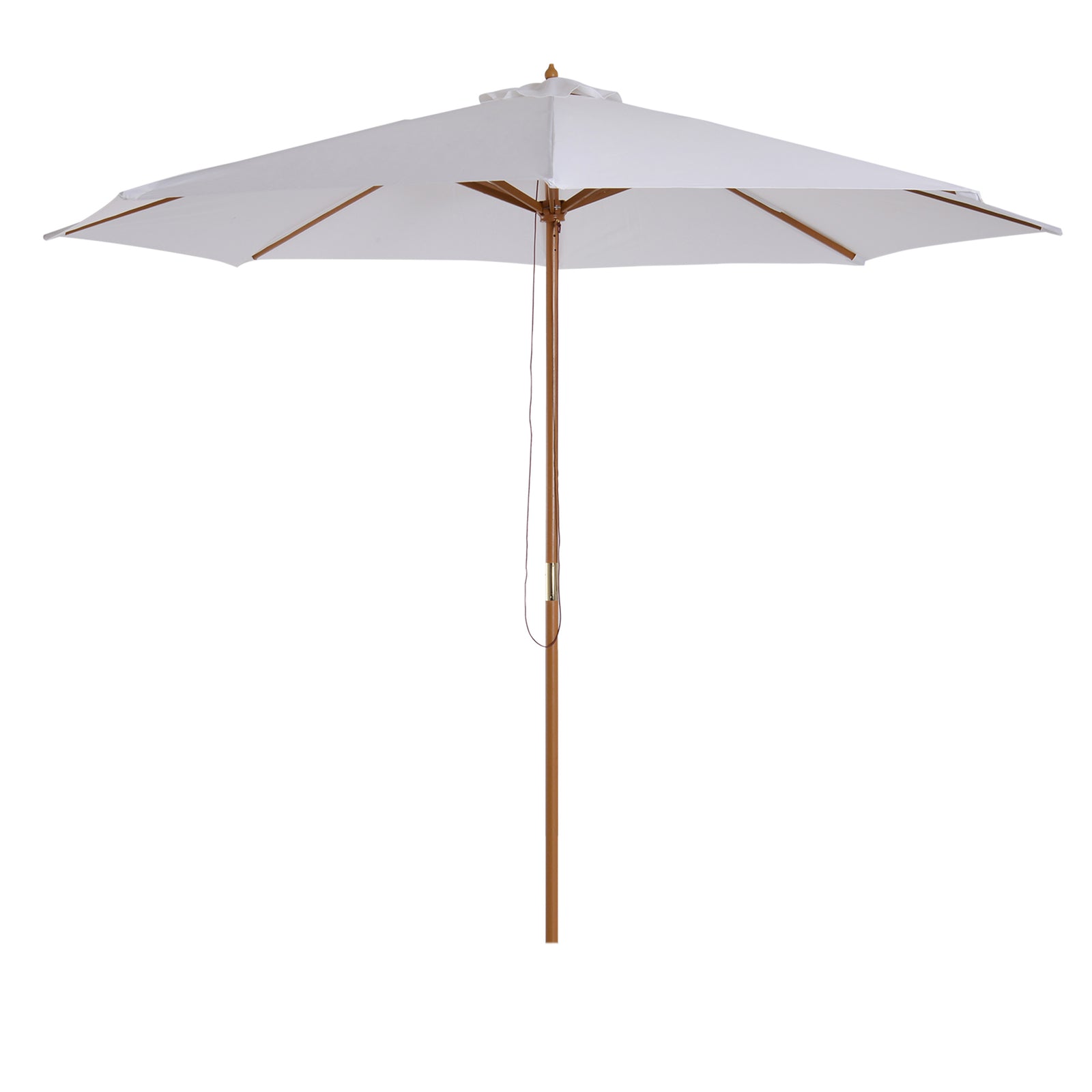 3(m) Garden Parasol, Pulley Operated Patio Umbrella, Wooden Table Market Umbrella with Rope Pulley Mechanism and 8 Ribs, Cream White