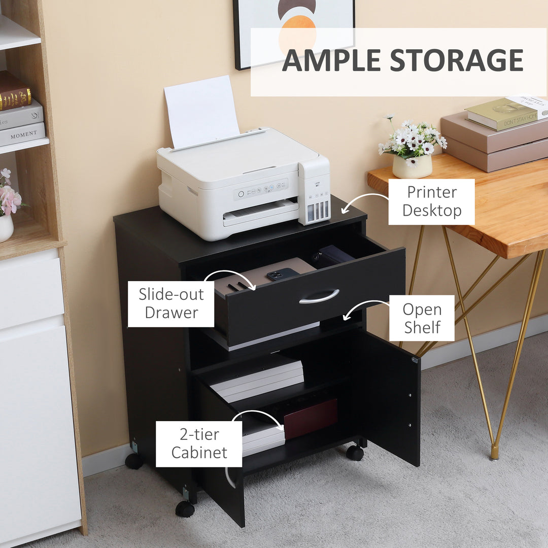 Printer Stand Mobile Printer Cabinet with Storage, Open Shelf, Drawer for Home Office, 60cm x 39cm x 80cm, Black