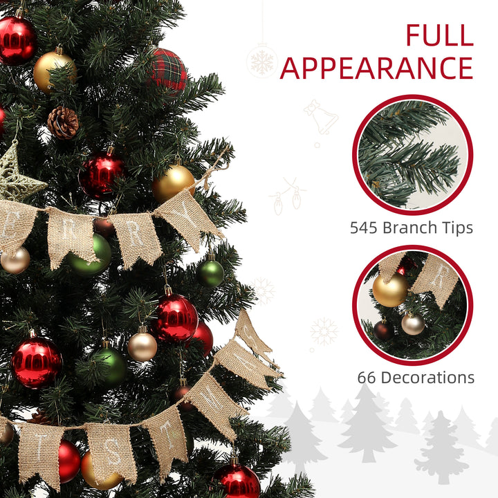 6ft Pre-Lit Xmas Tree with Decorations, Green, Red and Warm White
