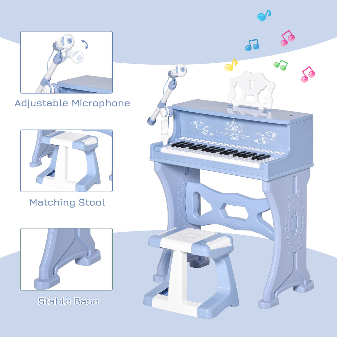 HOMCOM Mini Electronic Keyboard for Kids, 37 Keys Musical Instrument w/ Stool, Microphone & Educational Games, Light-Up Piano Toy Set, Blue | Aosom UK