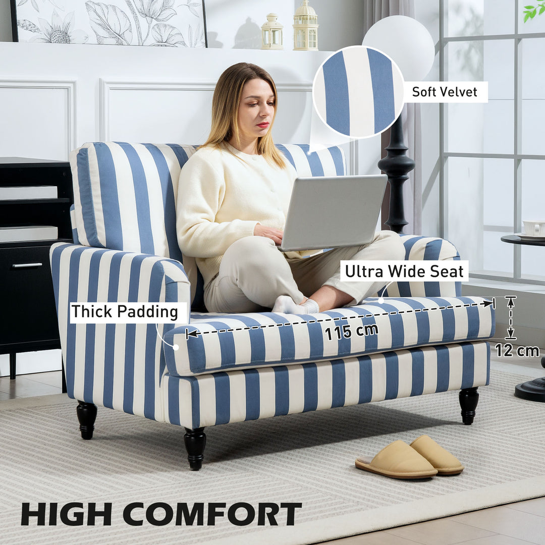 Modern Cuddle Chair, Velvet Single Sofa Armchair with Stripe, Turned Legs and Wide Seat, Upholstered Snuggle Chair for Living Room, Bedroom, Blue and White