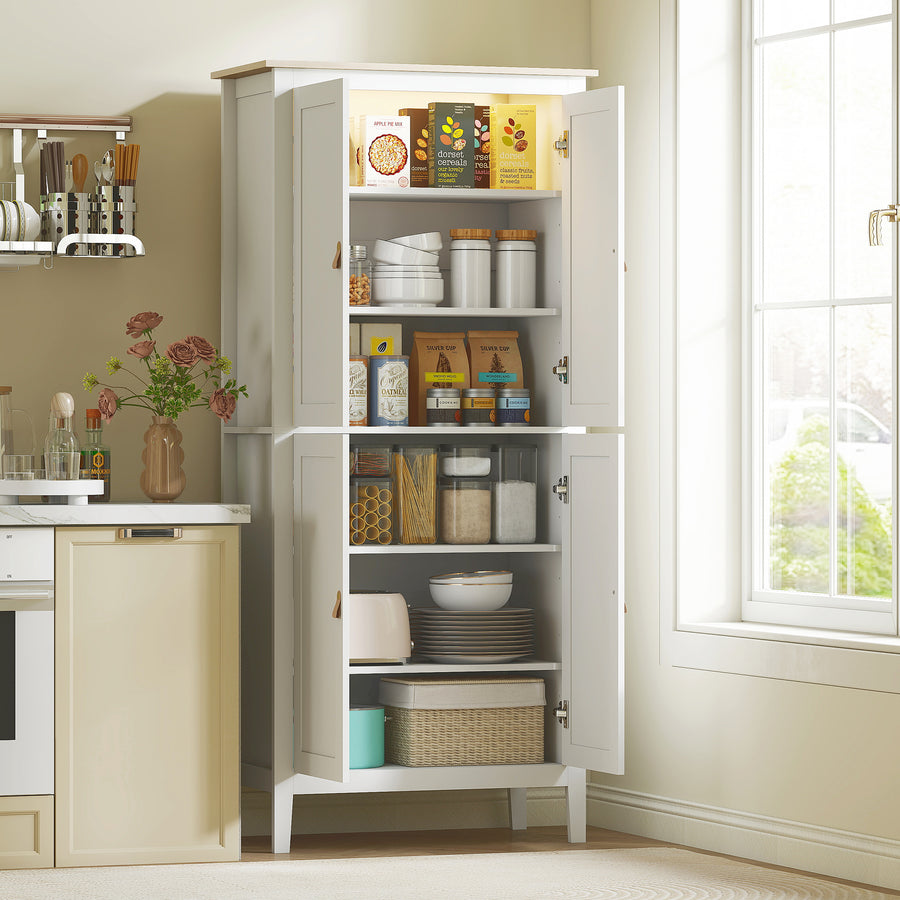 176.5 cm Tall Pantry Cupboard with Motion Sensor LED Light - White