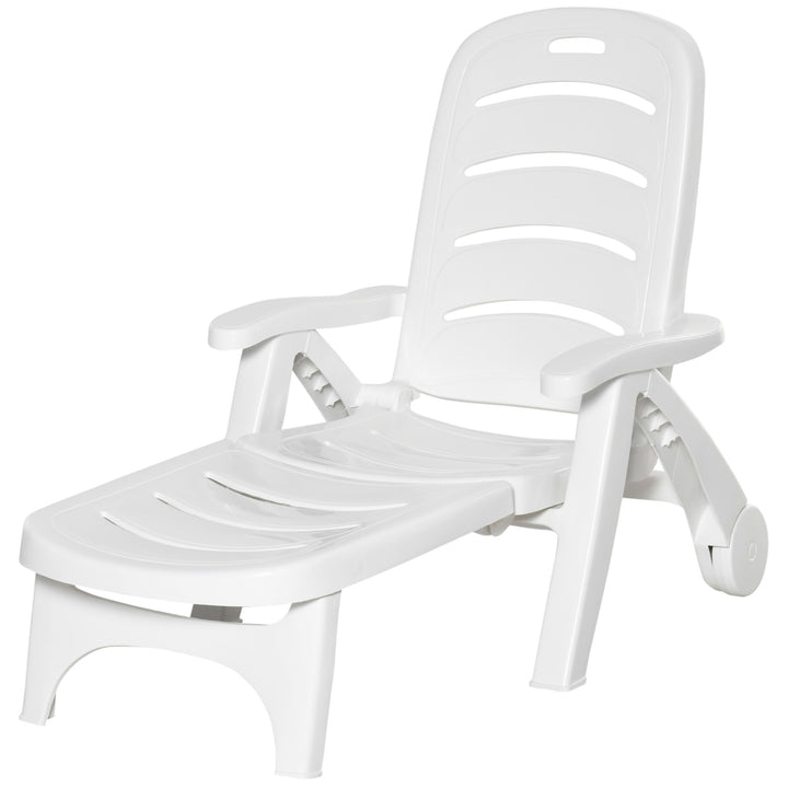 Outsunny 2PCs Outdoor Folding Sun Lounger Recliner on Wheels w/ 5-Position Backrest, White