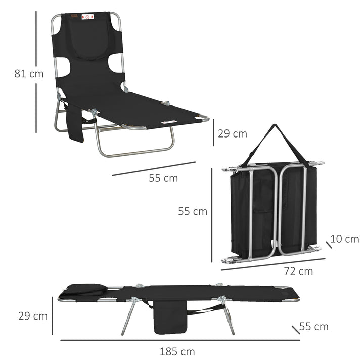 Outsunny Beach Chaise Lounge, Foldable Sun Lounger with Reading Hole, Adjustable Backrest & Side Pocket, Black