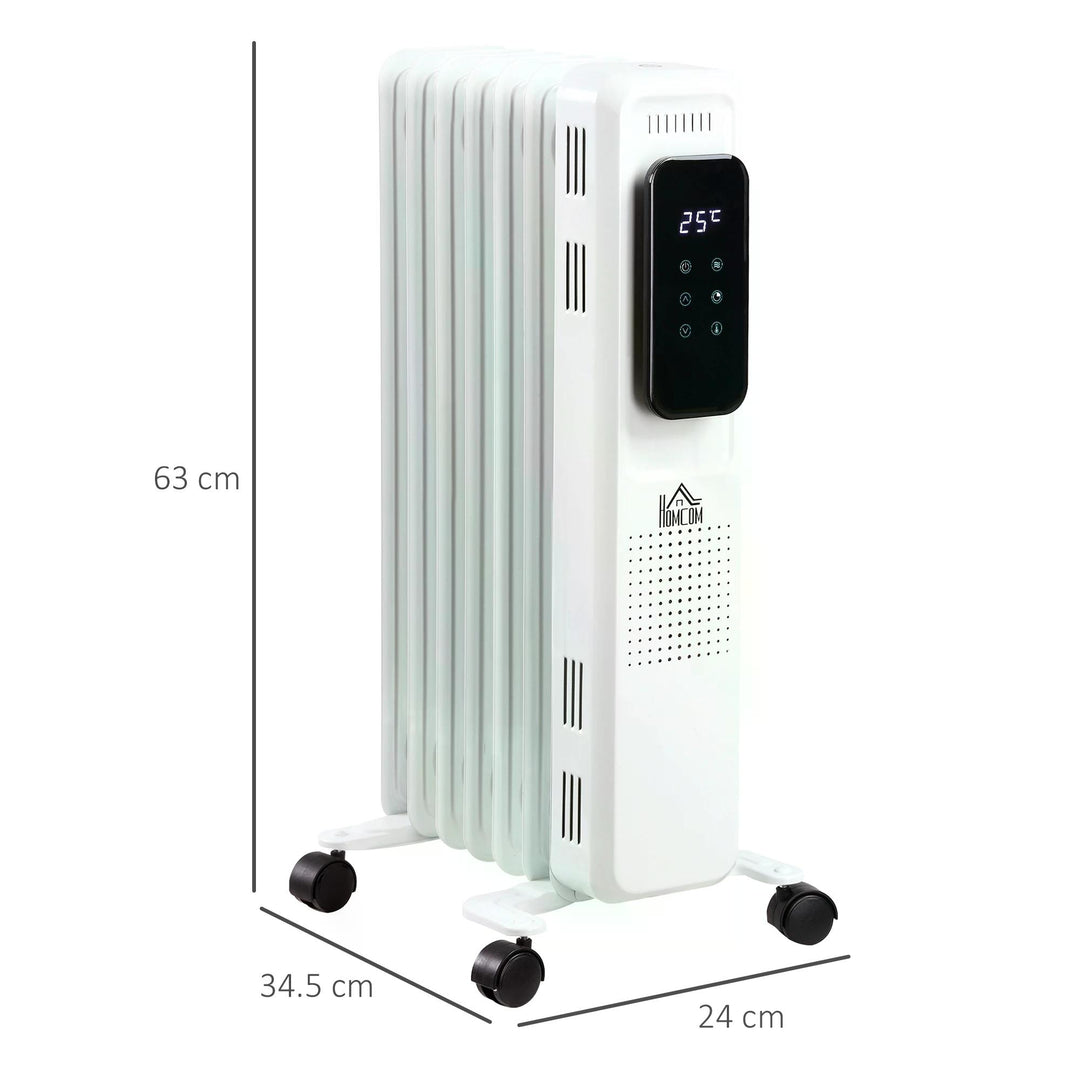 HOMCOM 1630W Oil Filled Radiator, 7 Fin, Portable Electric Heater w/ LED Display, 24H Timer, 3 Heat Settings, Safety Cut-Off Remote -White | Aosom UK