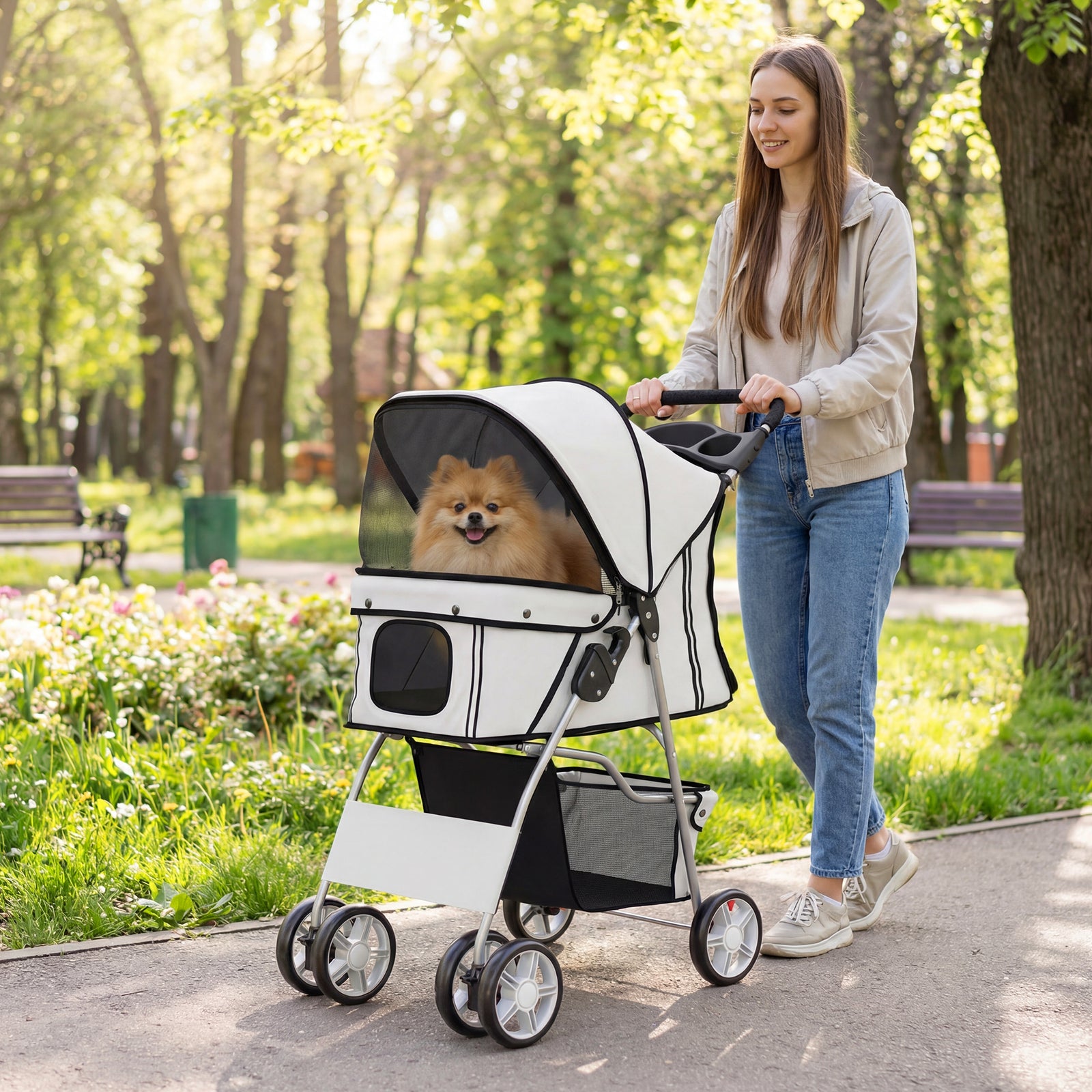 Dog Pram, Pet Stroller with Reflective Strips, Foldable Cat Stroller w