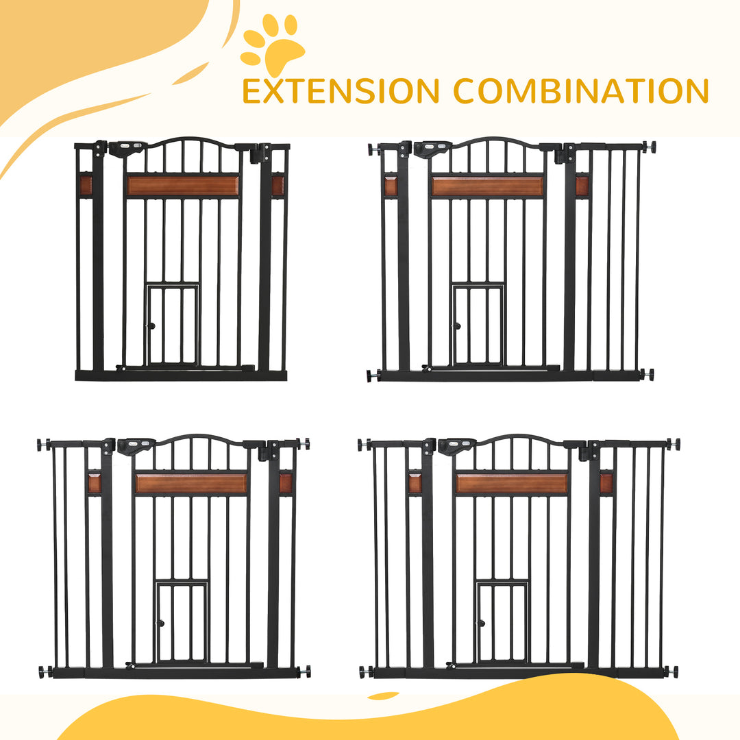 Pet Gate Safety Gate, with Cat Flap, Auto Close, for Staircases, Doorways, Hallways, 74-105cm Wide - Black