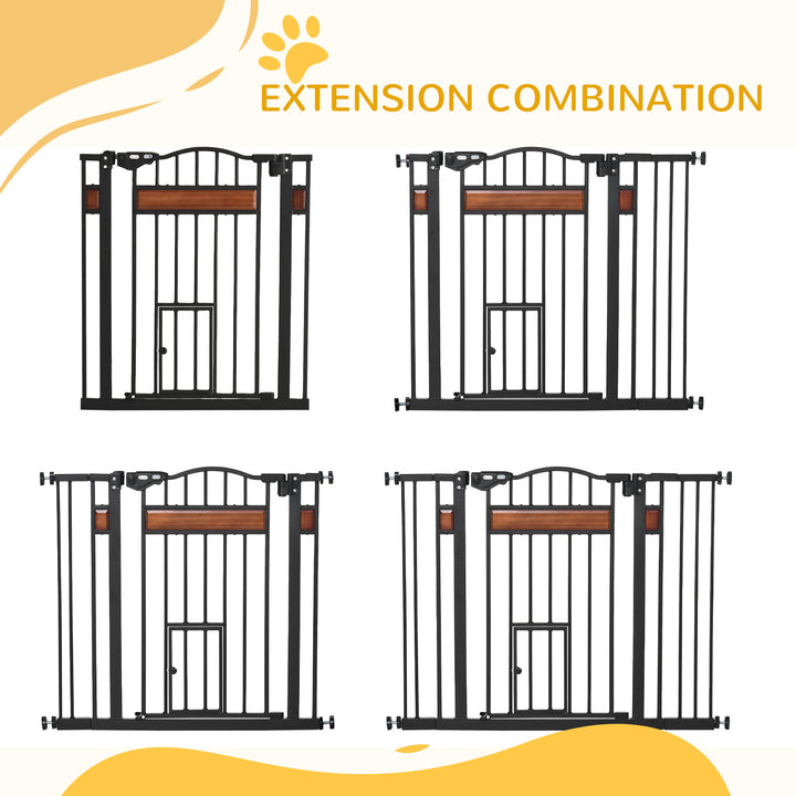 Pet Gate Safety Gate, with Cat Flap, Auto Close, for Staircases, Doorways, Hallways, 74-105cm Wide - Black