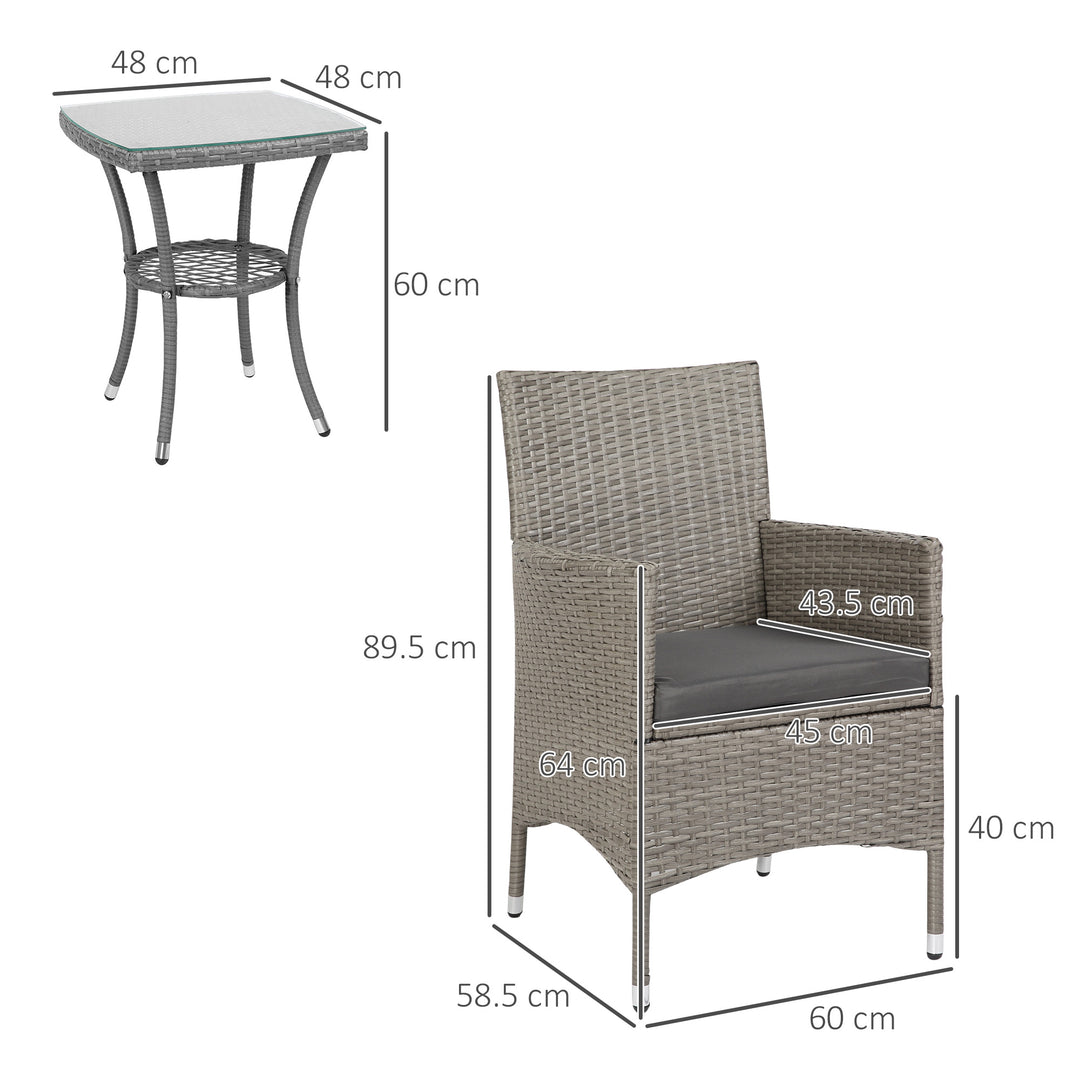 MCL 3 Pieces Rattan Bistro Set, Wicker Garden Furniture Set with 2-Tier Coffee Table and Chairs, Washable Cushions, for Outdoor Patio Balcony, Grey