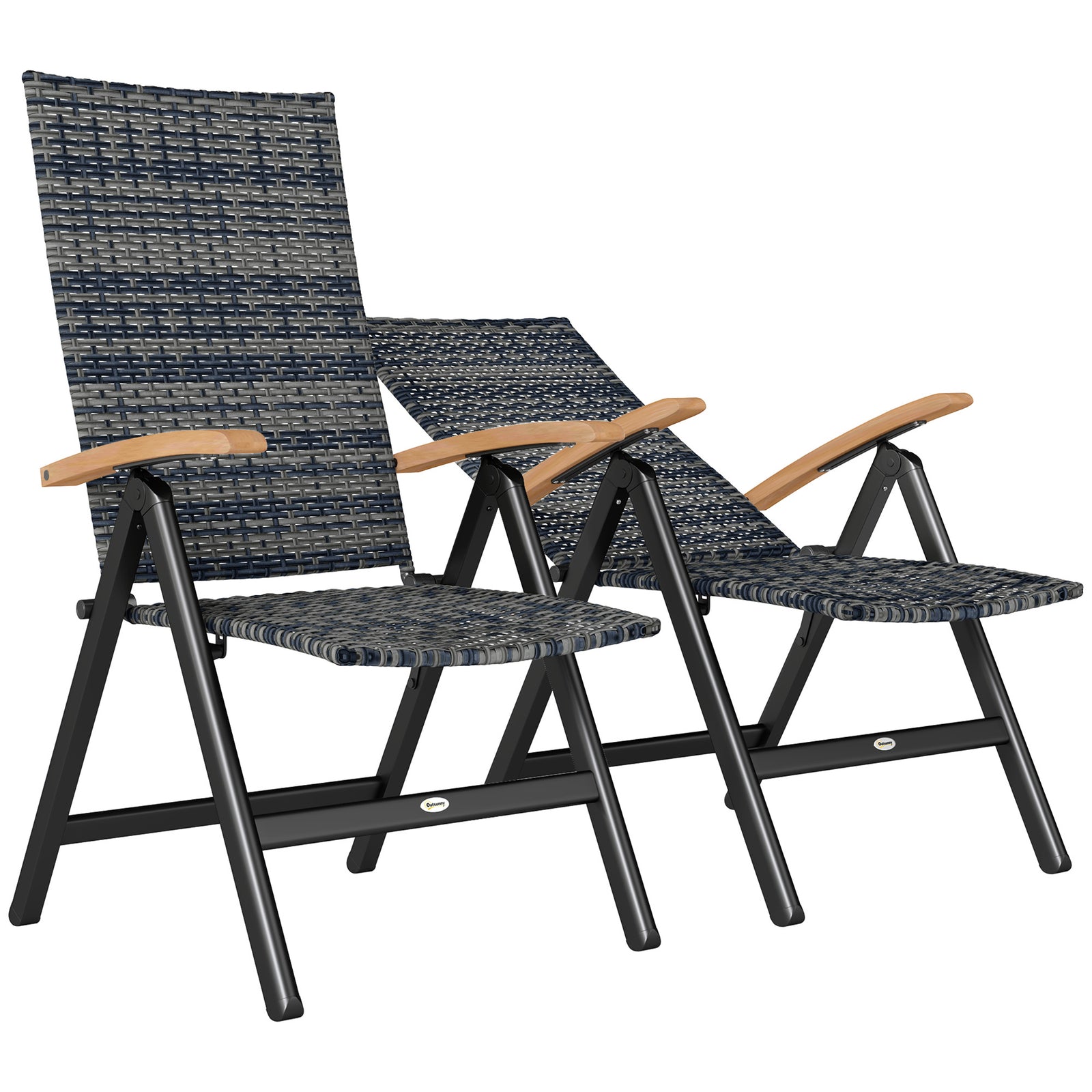 2 Pieces Folding Rattan Garden Dining Chairs with 5-level Reclining High Back, Wood Armrests for Outdoor - Mixed-grey