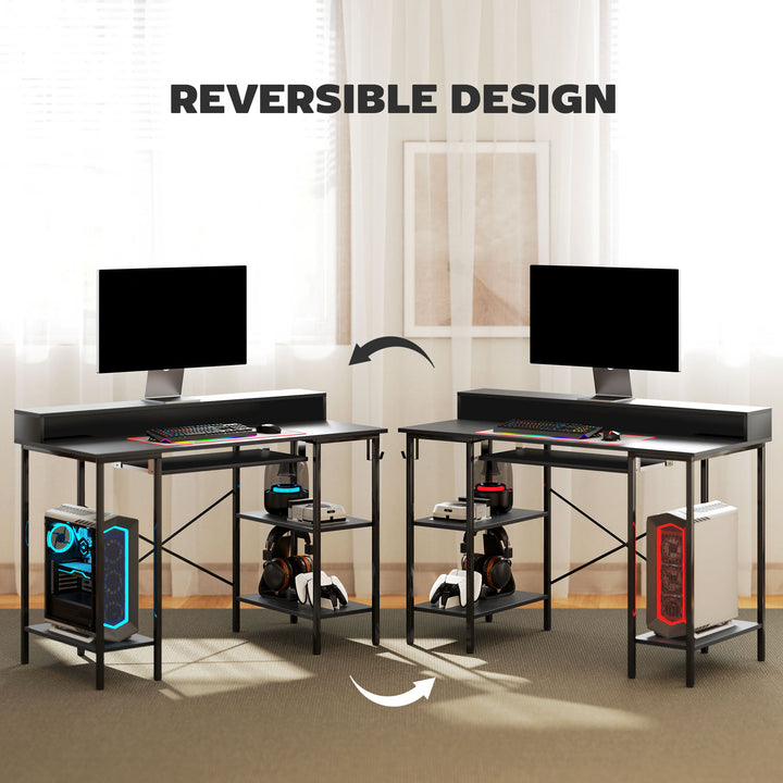 Computer Desk with LED Lights and Power Outlets, 120 x 55 cm Gaming Desk with Monitor Stand, Sliding Keyboard Tray and Storage Shelves for Home Office, Black