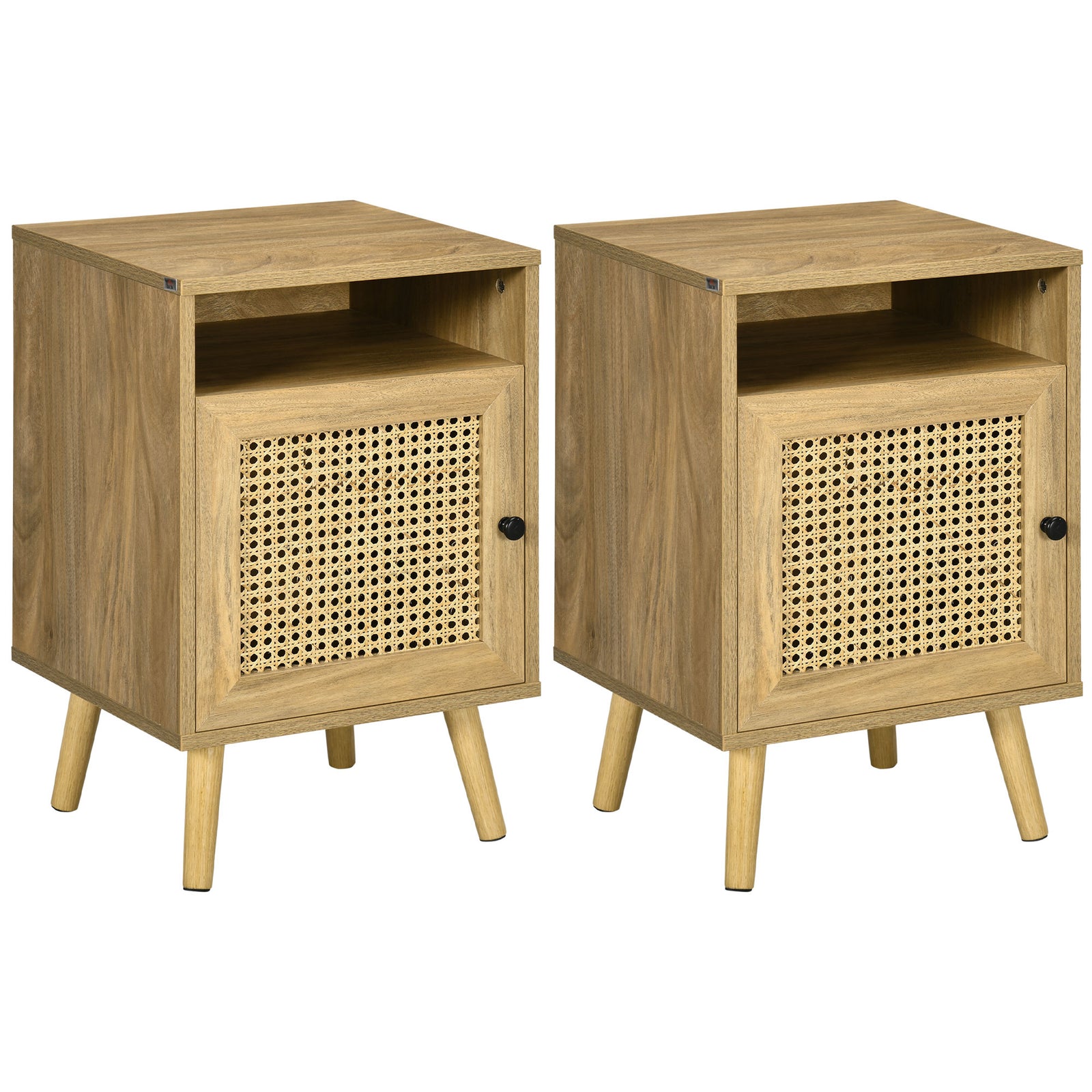 Bedside Table with Rattan Element, Side End Table with Shelf and Cupboard, 39cmx35cmx60cm, Set of 2, Natural