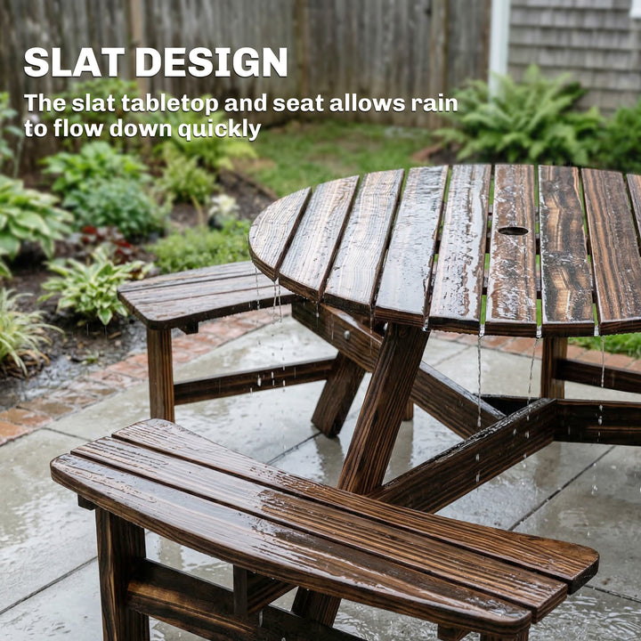 Wooden Garden Dining Set, 6 Seater Round Dining Picnic Table with Matc