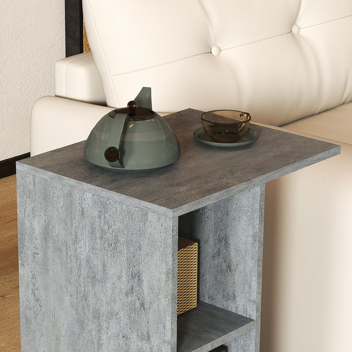 C-Shape End Table Unique Storage Unit w/ 2 Shelves 4 Wheels Freestanding Home Office Furniture Cabinet Square Studio Grey