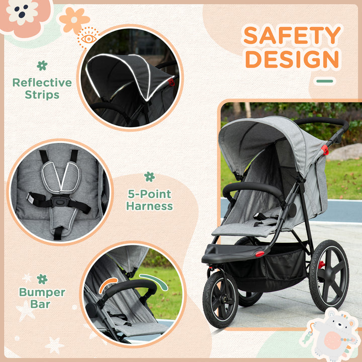 HOMCOM Foldable Three-Wheeler Baby Stroller w/ Canopy, Storage Basket - Grey