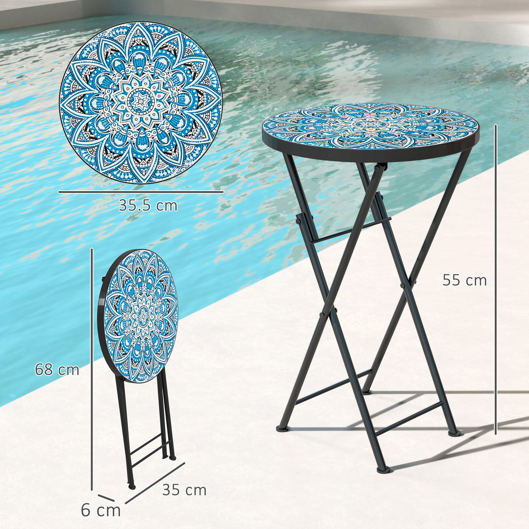 Mosaic Outdoor Garden Table, 35.5cm Round Folding Coffee Table with Metal Frame for Balcony Terrace, Blue