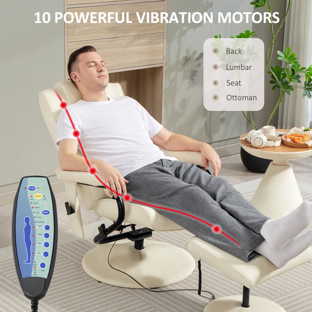 Swivel Recliner Chair and Footstool, Faux Leather Massage Recliner Armchair with Remote Control and Round Wrapped Base, Cream White