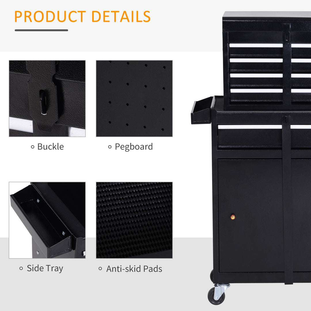 Tool Chest 2 in 1 Metal Tool Cabinet Storage Box with 5 Drawers Pegboard Wheels 60x28x104.5cm Black