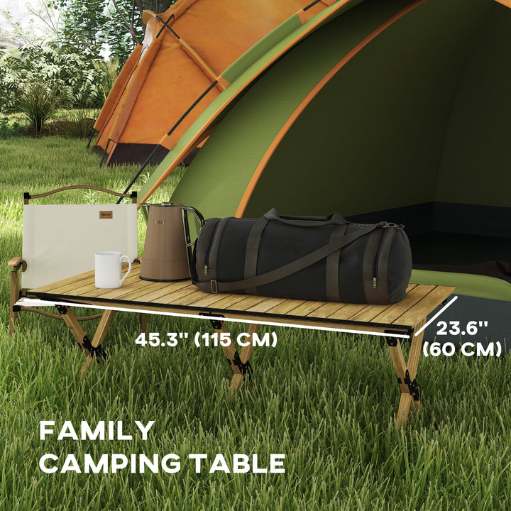 Portable Camping Table, 4ft Aluminium Folding Table with Roll-Up Top, Picnic Table for Indoor, Outdoor, Party, BBQ, Beach, Natural Wood Effect
