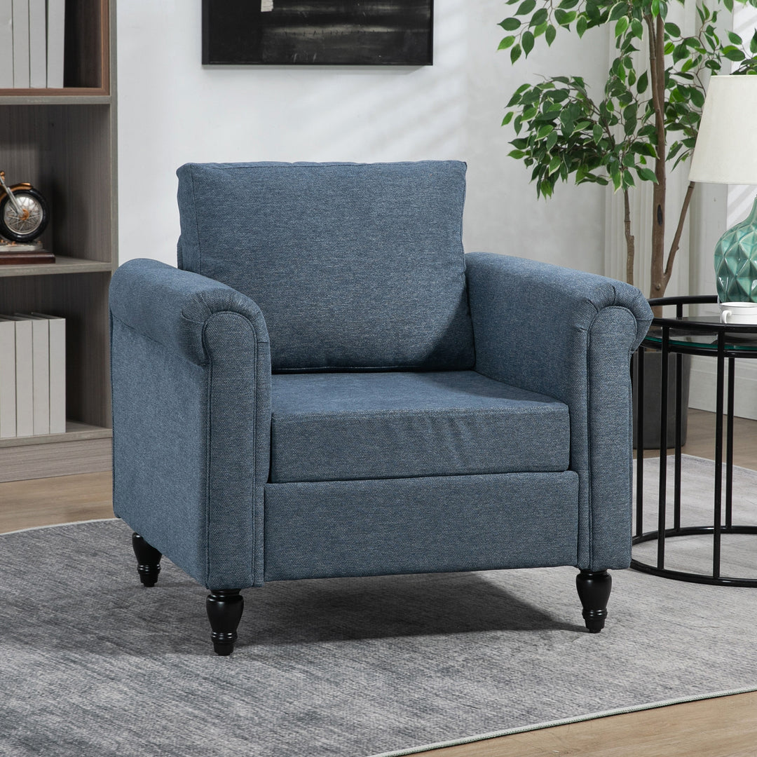 Vintage Accent Chair, HOMCOM Tufted Upholstered Lounge Armchair Single Sofa Chair with Rubber Wood Legs, Rolled Arms, Dark Blue | Aosom UK