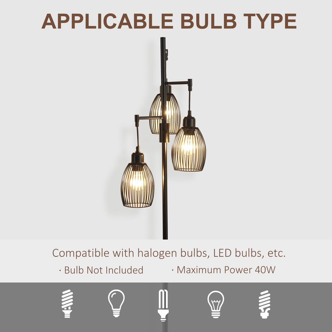 3-Light Floor Lamp, 170cm Industrial Dimmable Standing Lamp with Steel Wire Cage Lampshades for Living Room, Bedroom, Dining Room, Study, Black