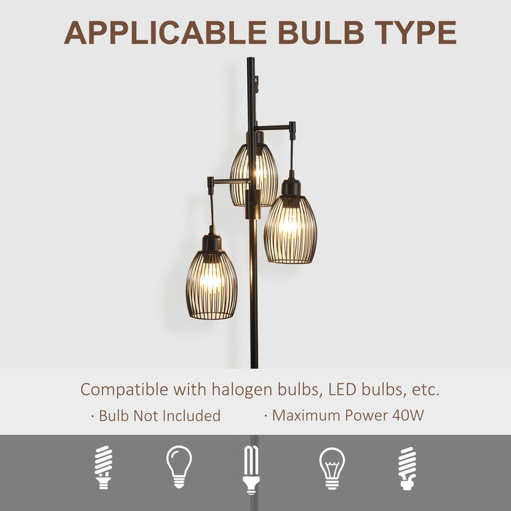 3-Light Floor Lamp, 170cm Industrial Dimmable Standing Lamp with Steel Wire Cage Lampshades for Living Room, Bedroom, Dining Room, Study, Black