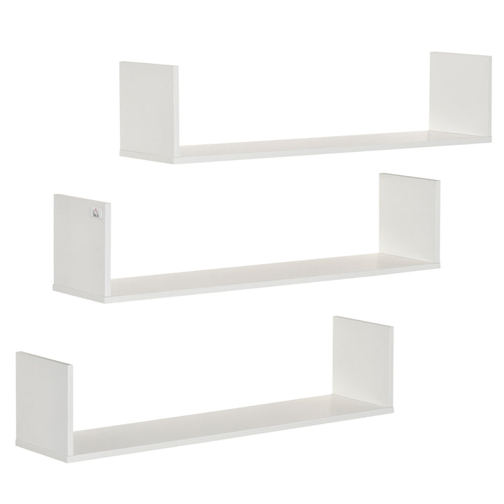 MCL Set of 3 Wooden U-Shaped Floating Shelves Set Wall Mounted Hanging Bookshelf CD DVD Storage Display for Bedroom Living Room Kitchen, White