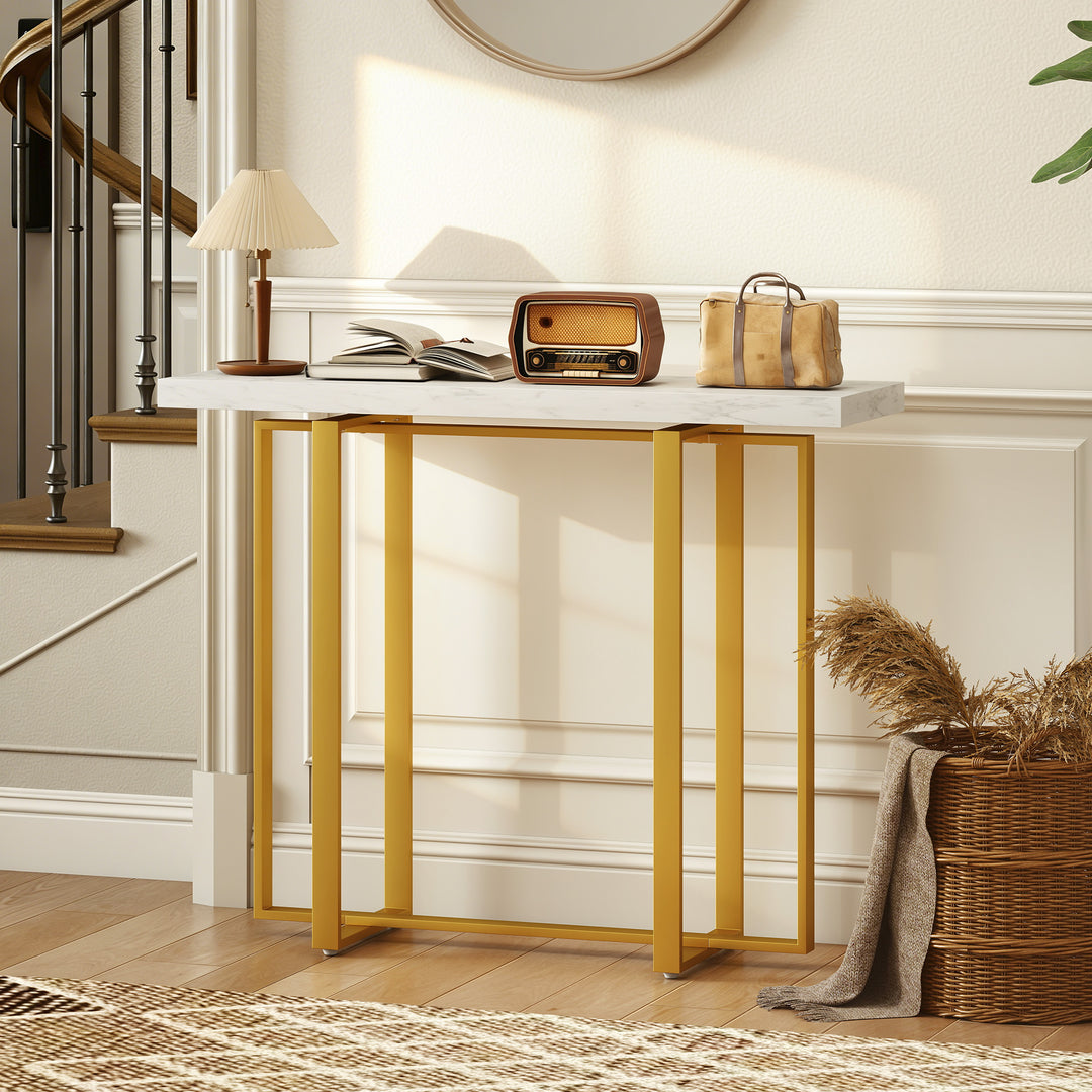 Console Table with Faux Marble Top, 100 cm Narrow Entryway Table with Anti-tipping Device, Steel Frame