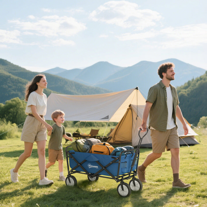 90L Festival Trolley on Wheels, Folding Camping Trolley Cart with Adjustable Handle, Portable for Outdoor, Garden, Shopping, Fishing, Navy Blue