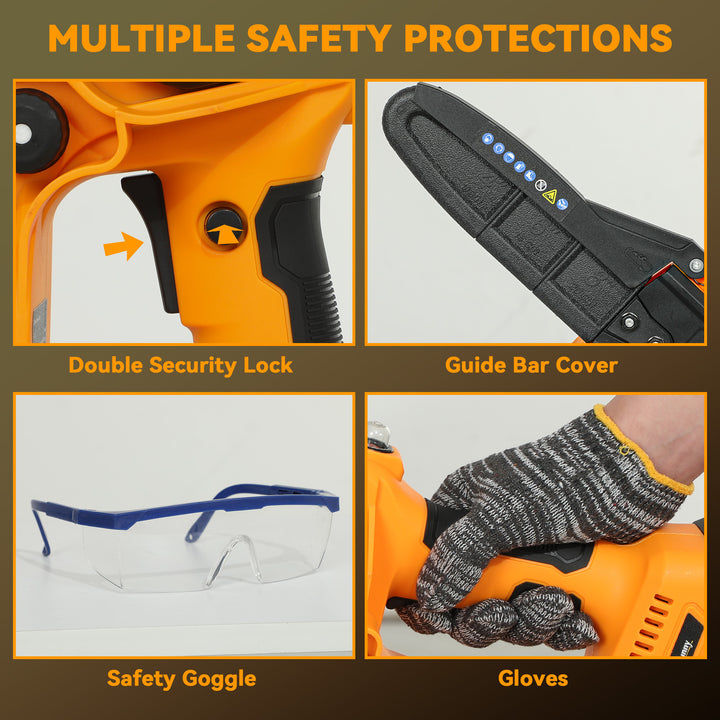 8 Inch Electric Chainsaw, Cordless Mini Chain Saw with Brushless Motor, 2 x 4000mAh Batteries and Safety Lock, Handheld Portable Wood Pruning Saw for Trimming Cutting, Orange