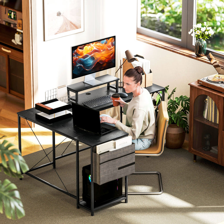 168cm Reversible L Shaped Desk, Industrial Corner Computer Desk with Adjustable Shelf and Storage Bag, 240cm 2 Person PC Table with Monitor Stand, Black