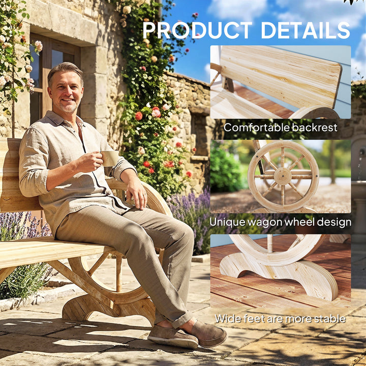 Fir Wood 2-Seater Outdoor Garden Wagon Wheel Bench, Natural Wood Finis