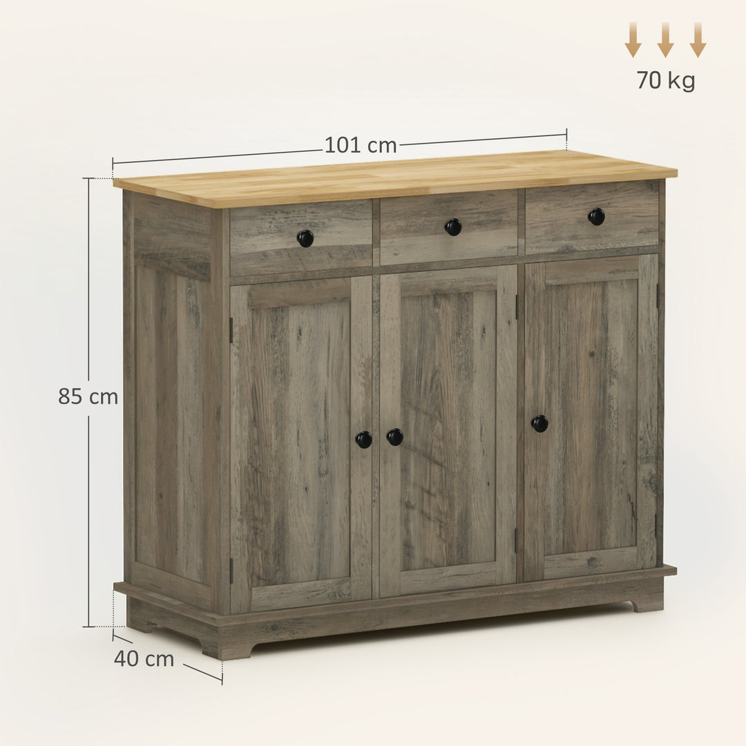 Sideboard with Rubber Wood Top, Modern Storage Cabinet, Kitchen Cupboard with 3 Doors, 3 Drawers and 3 Adjustable Shelves for Dining Room, Living Room, Grey Wood-Effect