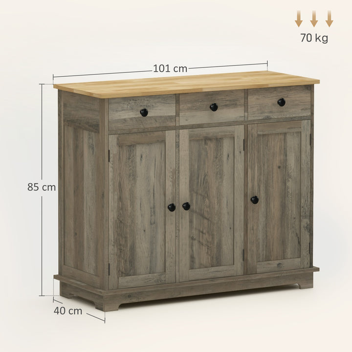Sideboard with Rubber Wood Top, Modern Storage Cabinet, Kitchen Cupboard with 3 Doors, 3 Drawers and 3 Adjustable Shelves for Dining Room, Living Room, Grey Wood-Effect
