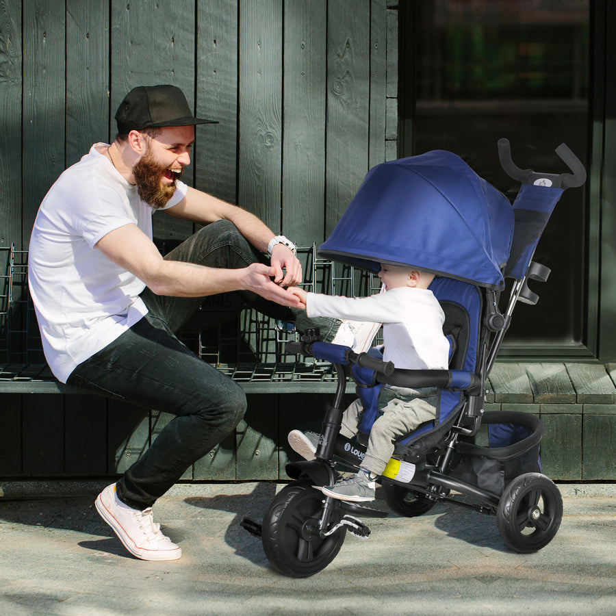 6 in 1 Kids Trike Push Bike with Push Handle, Canopy, 5-point Safety Belt, Storage, Footrest, Brake, for 1-5 Years, Dark Blue