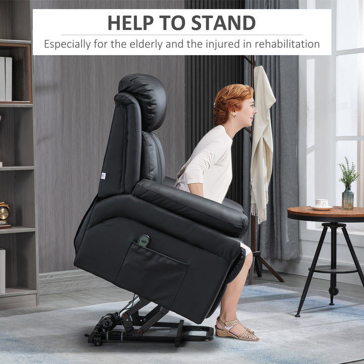 Power Lift Chair Recliner for Elderly, Electric Recliner Chair, Overstuffed Faux Leather Riser and Reclining Armchair with Remote Control, Side Pockets, for Living Room, Black