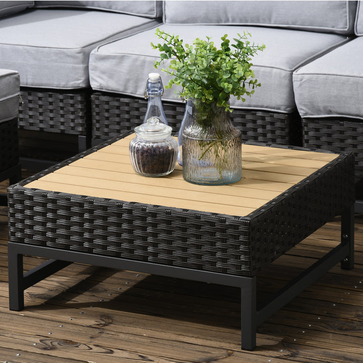 5 Piece Outdoor PE Rattan Corner Sofa Set with Cushions, Wicker Rattan Garden Furniture with Wood-Effect Top Table, Brown
