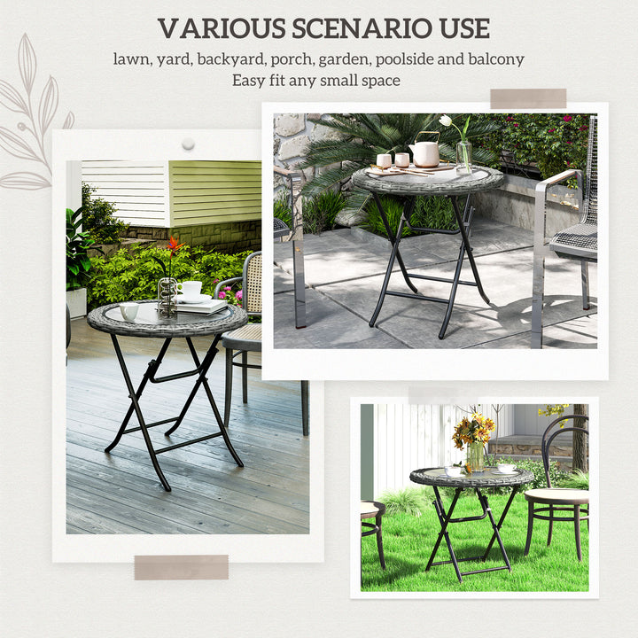 Folding Rattan Garden Dining Table, 68 cm Round Rattan Garden Table with Water Ripple Tempered Glass Top, Wicker Edging and Steel Frame for Outdoor, Patio, Grey