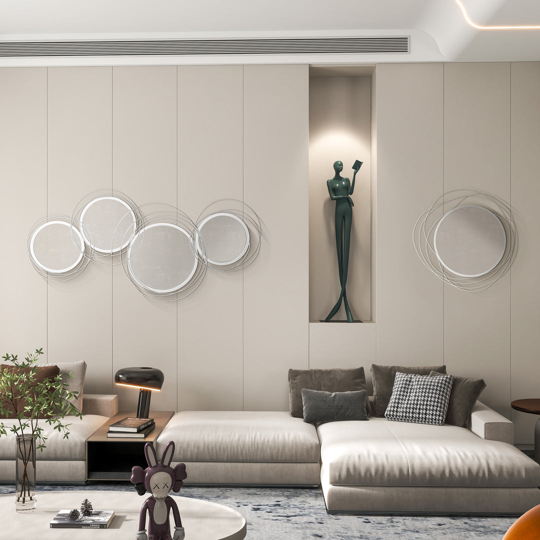Metal Wall Mirrors, 107cm Modern Decorative Silver Mirror Decor Hanging, Home Wall Sculptures for Living Room Bedroom Dining Room