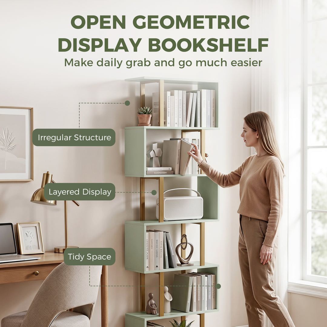 S-Shaped Bookshelf, 6-Tier Bookcase, Freestanding Storage Shelves with
