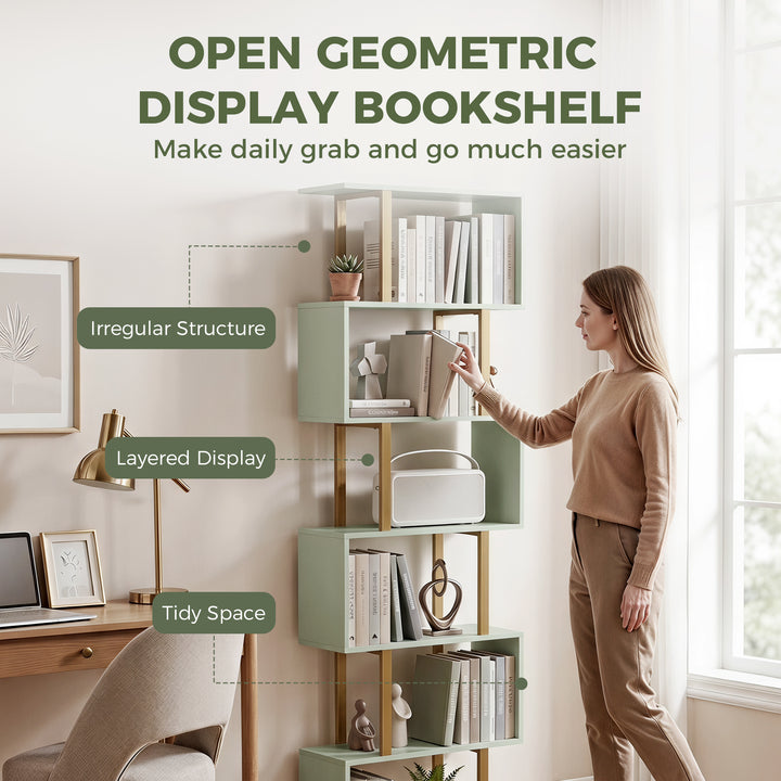 S-Shaped Bookshelf, 6-Tier Bookcase, Freestanding Storage Shelves with
