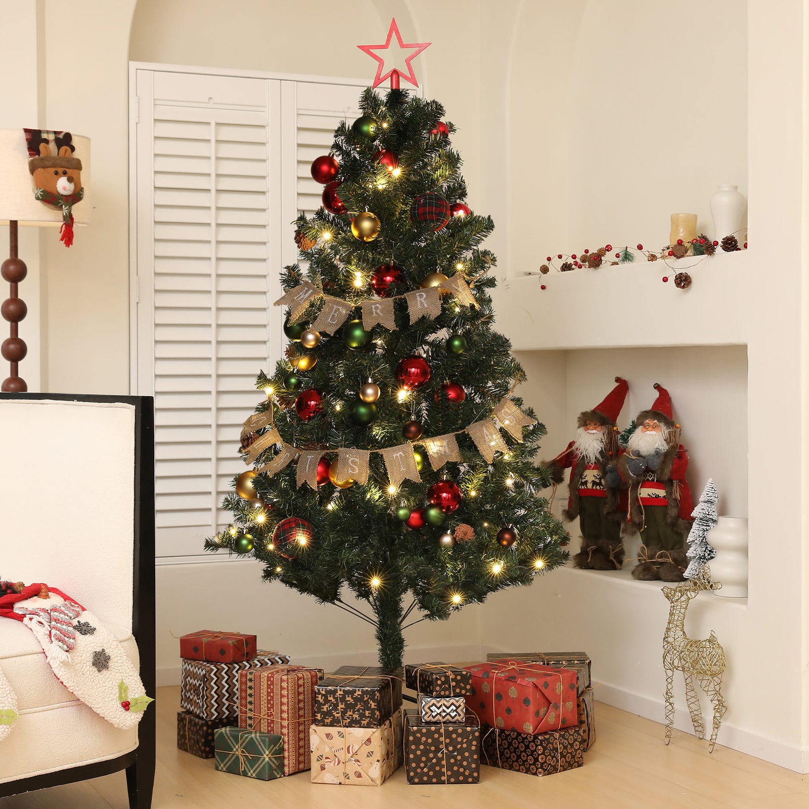6ft Pre-Lit Xmas Tree with Decorations, Green, Red and Warm White